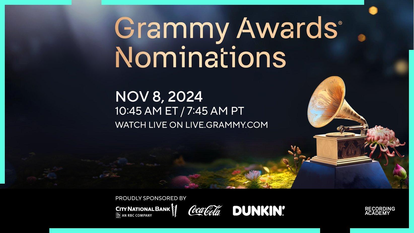 Graphic promoting the Recording Academy's 2025 GRAMMY nominations. The words "Grammy Award Nominations" are written next to a GRAMMY Award statue surrounded by colorful flowers in a majestical forest. The words "WATCH LIVE ON LIVE.GRAMMY.COM" are in white